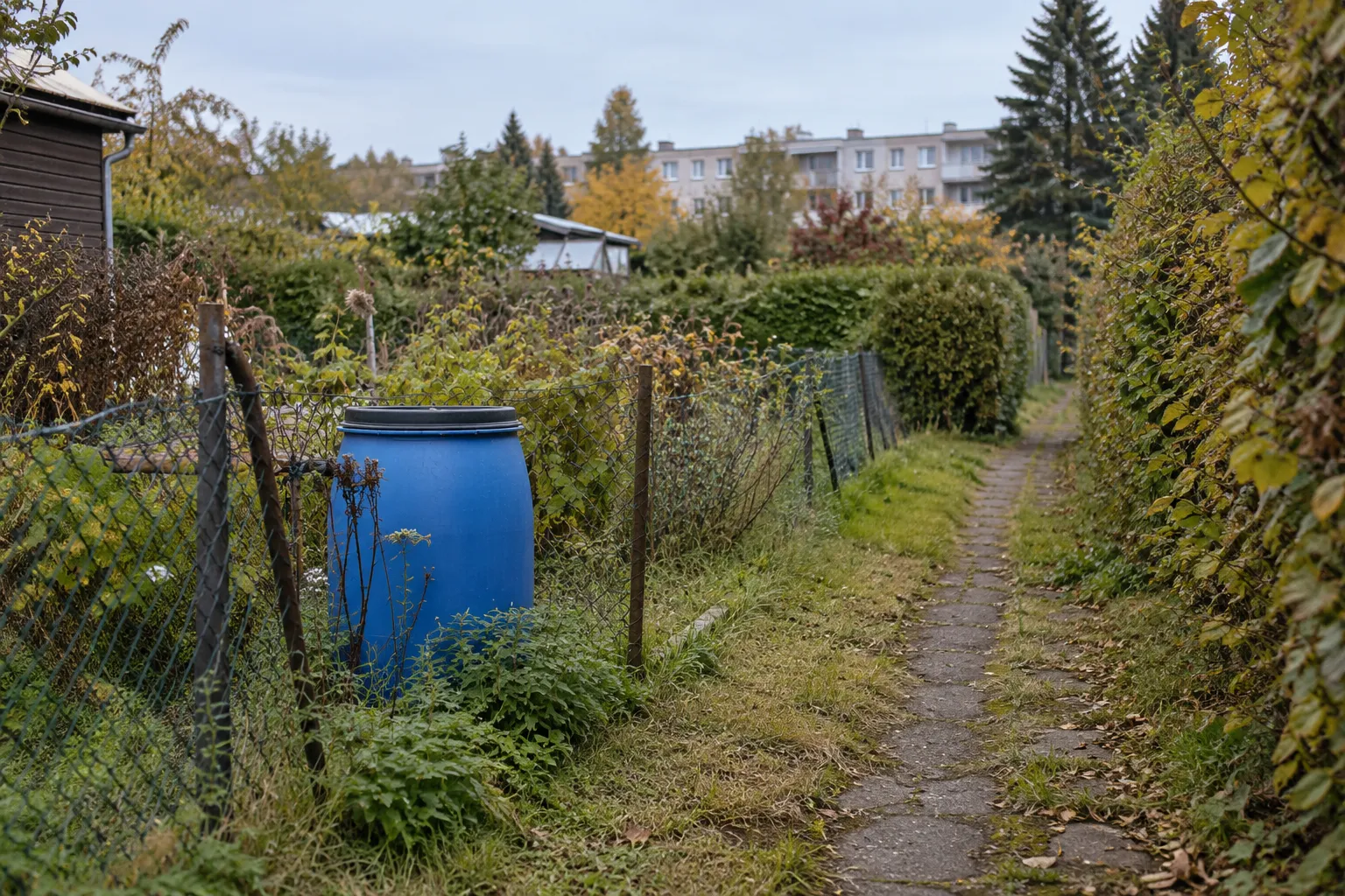 Blaue Regentonne am Rand eines Gartenwegs.