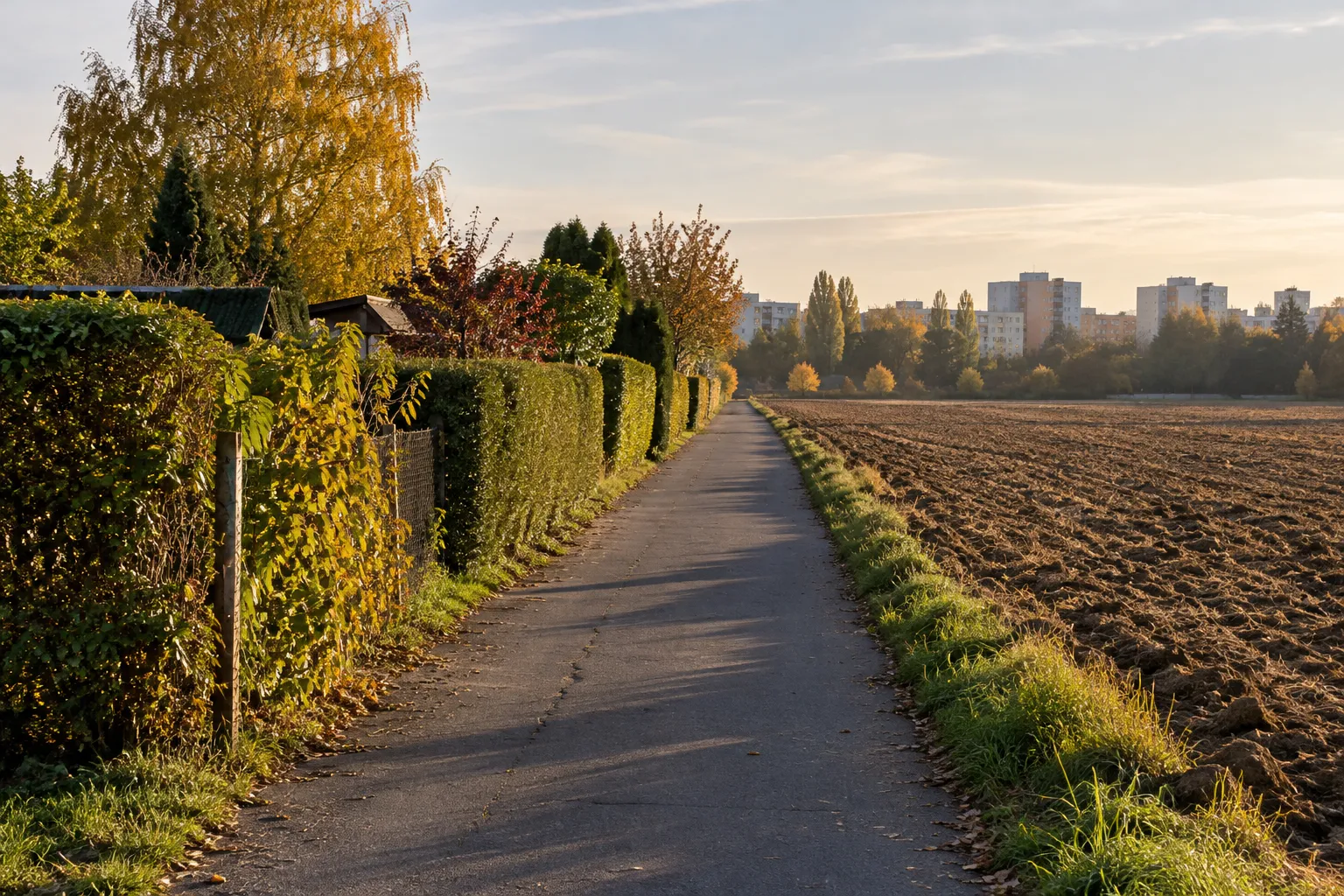Langer Schatten über einem schmalen Radweg.