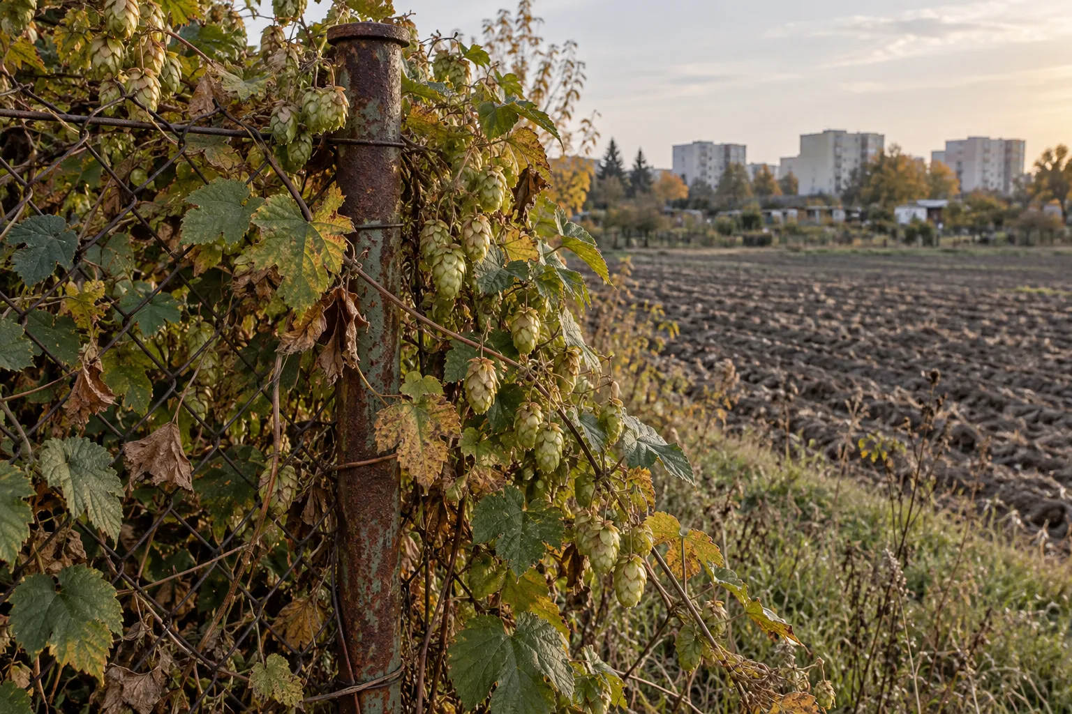 Rostiger Zaunpfahl mit wildem Hopfen.