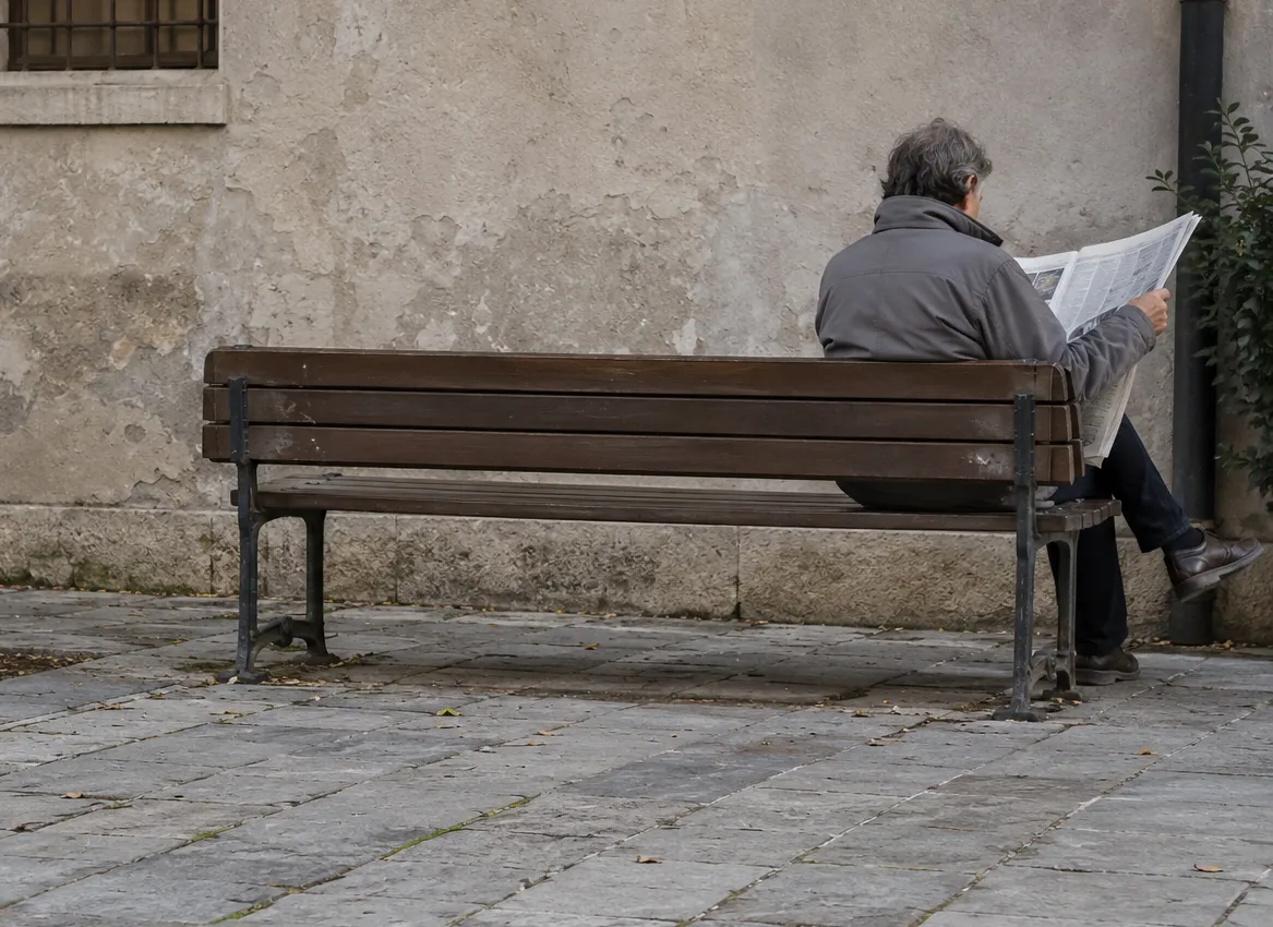 Bank und lesende Person im mittleren Ausschnitt.