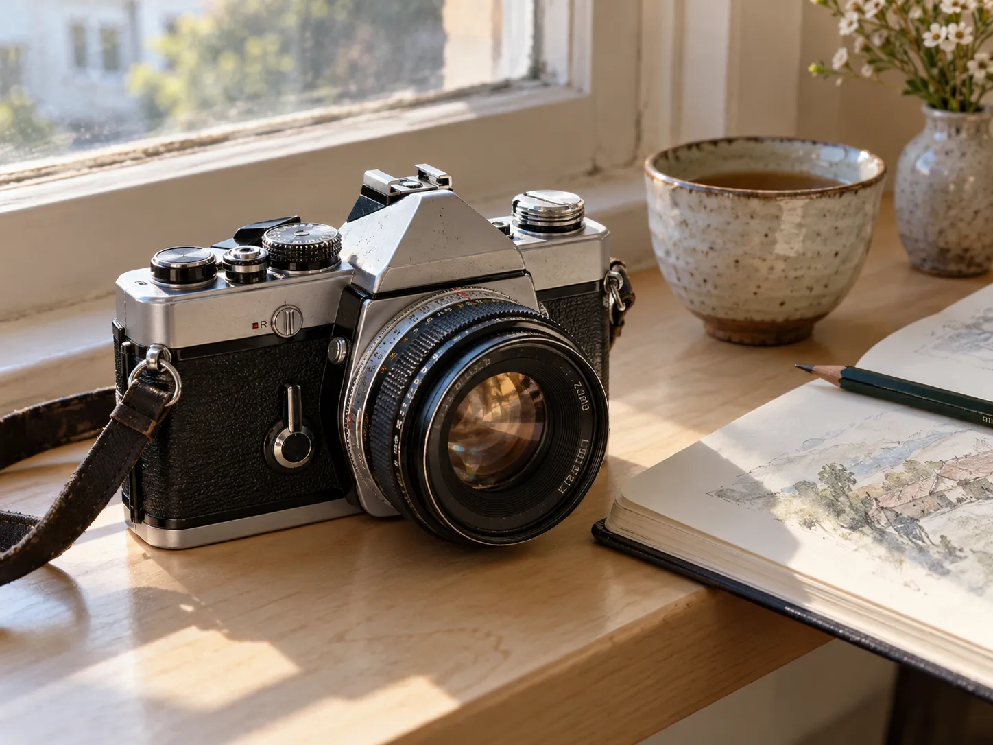 Olympus OM-1 auf einer hellen Fensterbank neben einer Tasse.