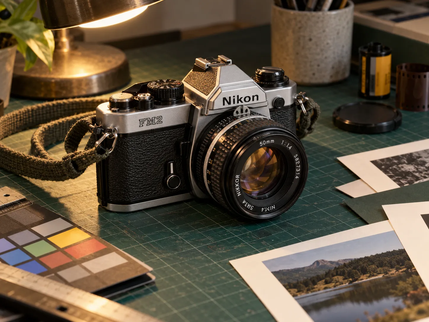 Nikon FM2 auf einer grünen Schneidematte im Atelier.