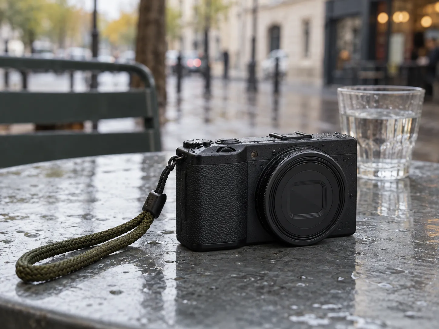 Ricoh GR III mit Handschlaufe auf einem nassen Cafétisch.