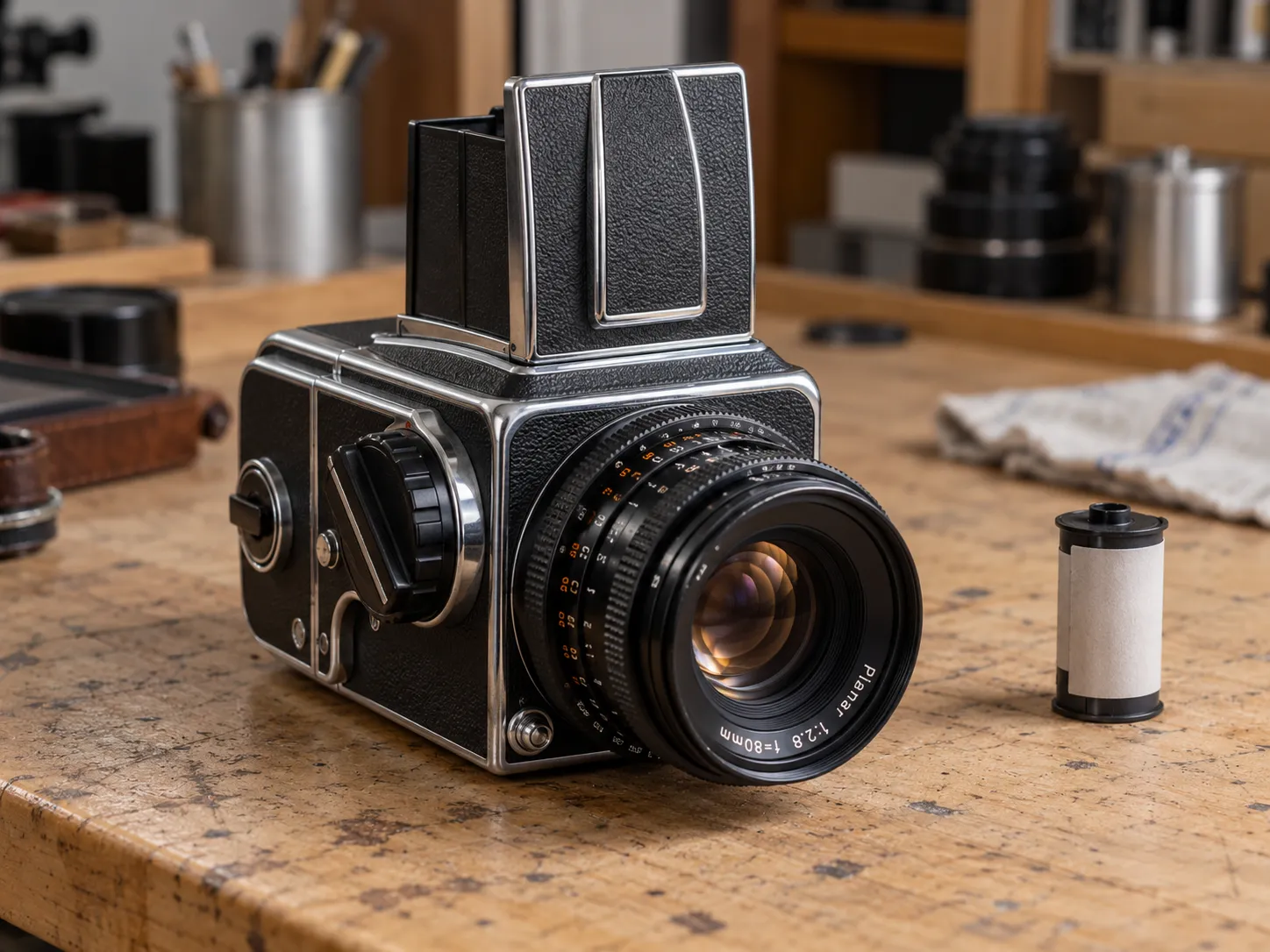 Hasselblad 500 C/M mit offenem Lichtschacht auf einer Werkbank.