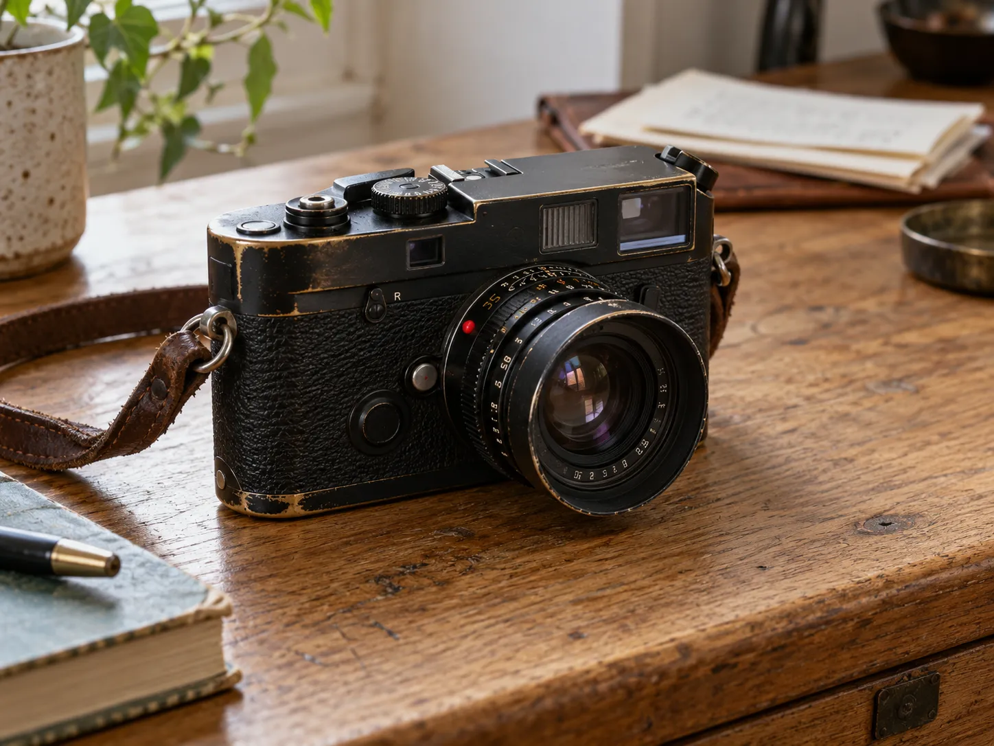 Leica M6 mit 35-mm-Objektiv auf einem Eichentisch.