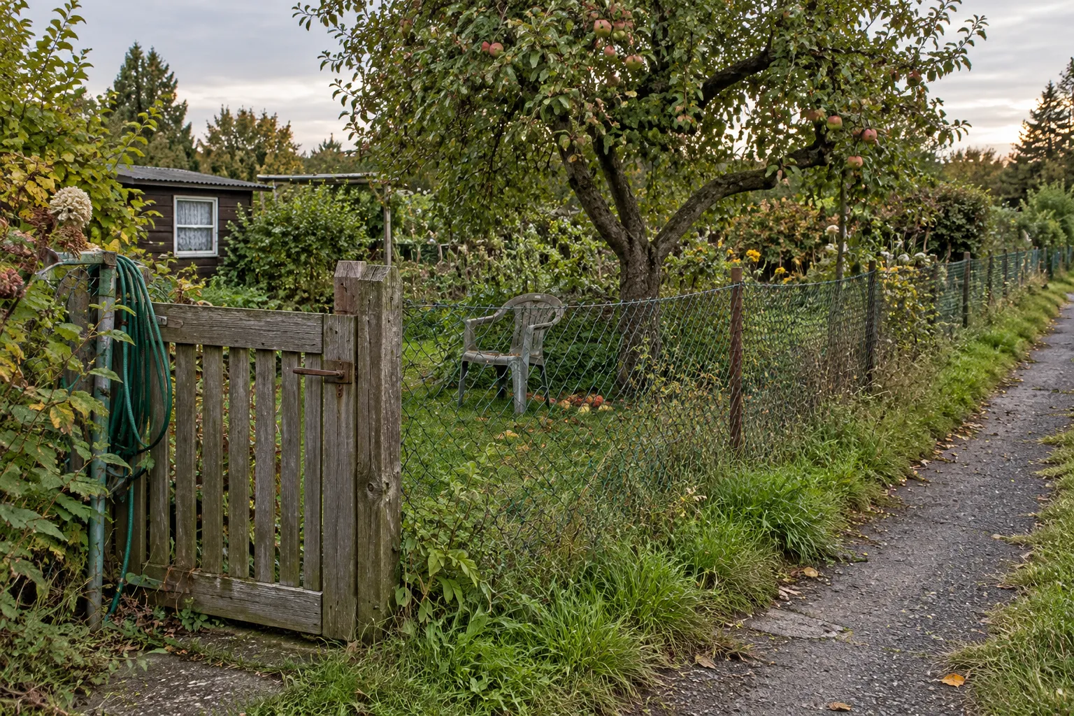 Schmaler Gartenweg an einem Tor, Schlauch und alten Stuhl.