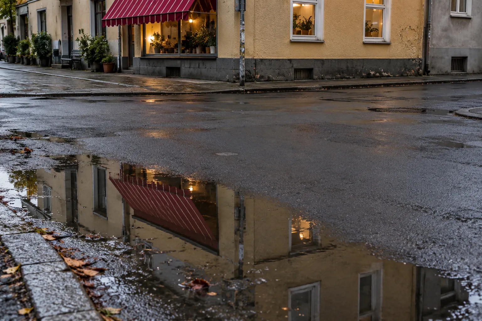 Nasse Straße mit Spiegelung einer roten Markise im Asphalt.