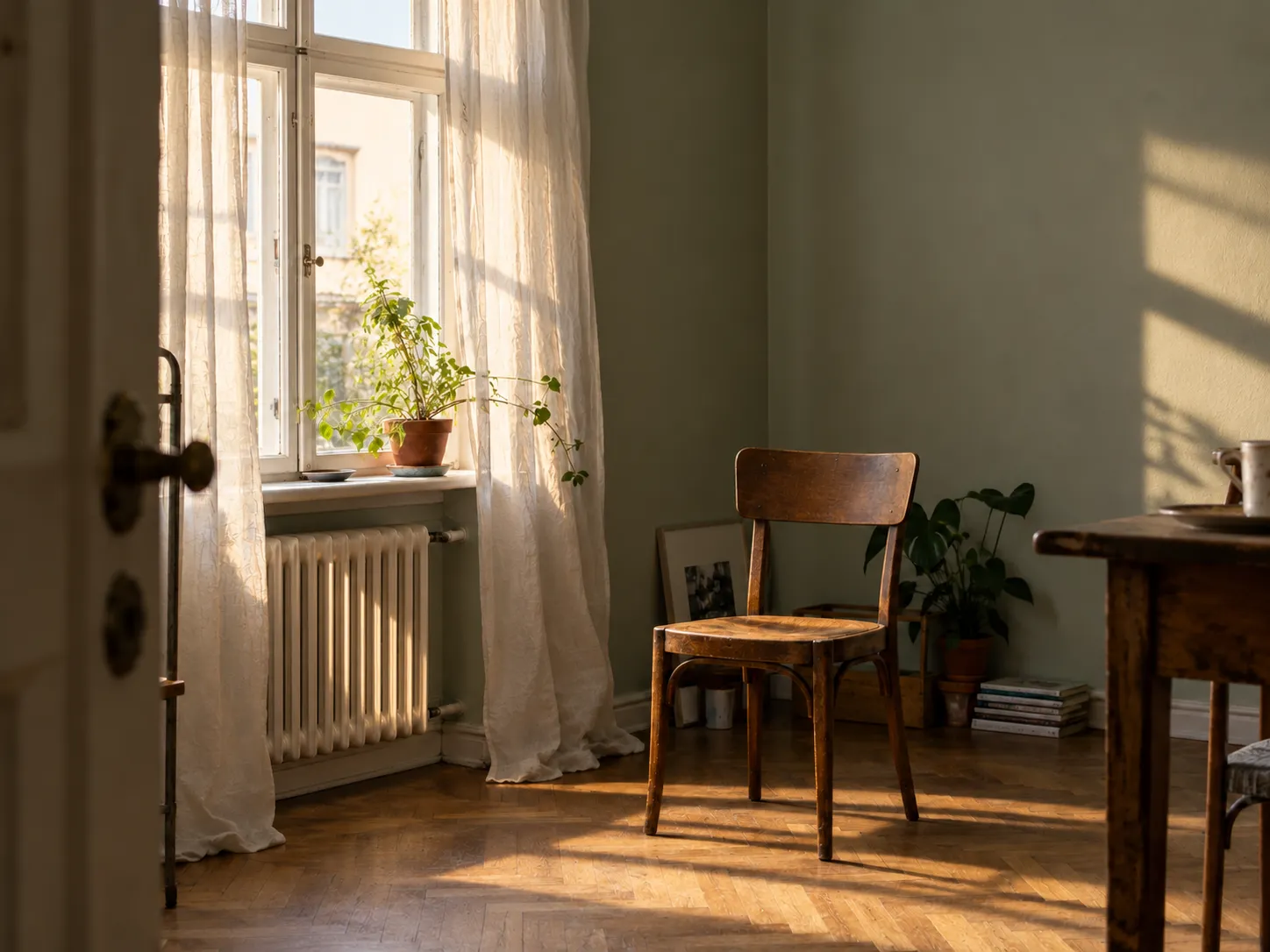 Derselbe Raum mit niedrigerem Licht am Fenster.